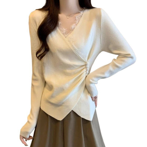 Large size German velvet design lace splicing V-neck long-sleeved T-shirt m302253