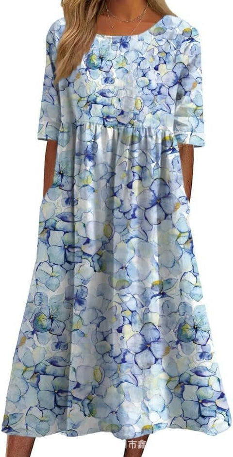 Damen Casual Rundhals Pullover Kurzarm 3D Druck Plissee Taille Swing Langes Kleid m301299 