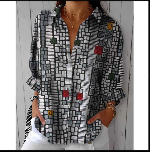 3D digital printing abstract pattern women's long-sleeved buckle linen shirt m302749-01