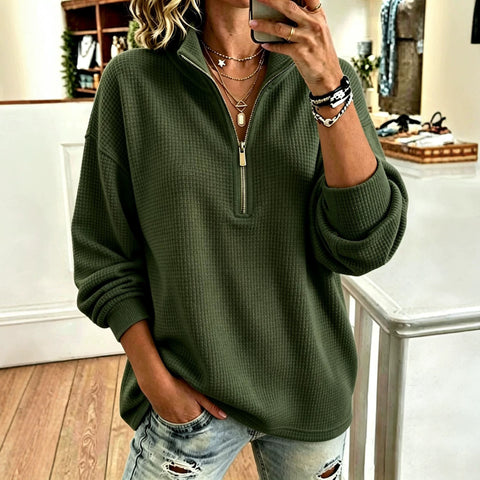 Waffle sweater lazy style half turtleneck half zipper loose long sleeve top FF303324