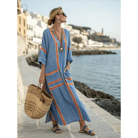 Holiday long striped embroidered dress m302762