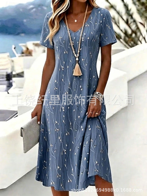 Printed women's v-neck short-sleeved temperament fashion dress m303046