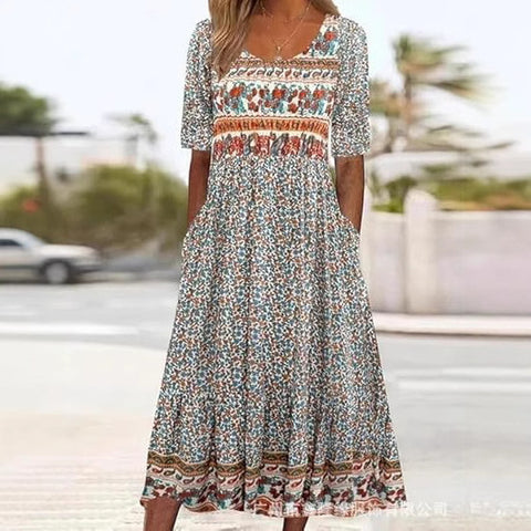 Damen Casual Rundhals Pullover Kurzarm 3D Druck Plissee Taille Swing Langes Kleid m301299 