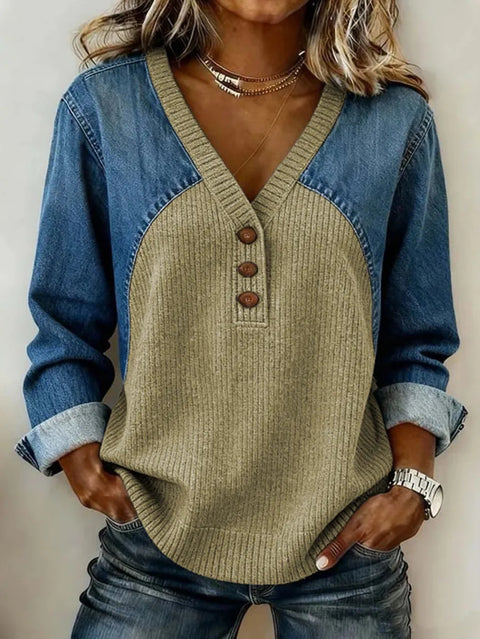 Striped plus imitation denim print full print V-neck casual comfortable fashion sweater FF303262 02