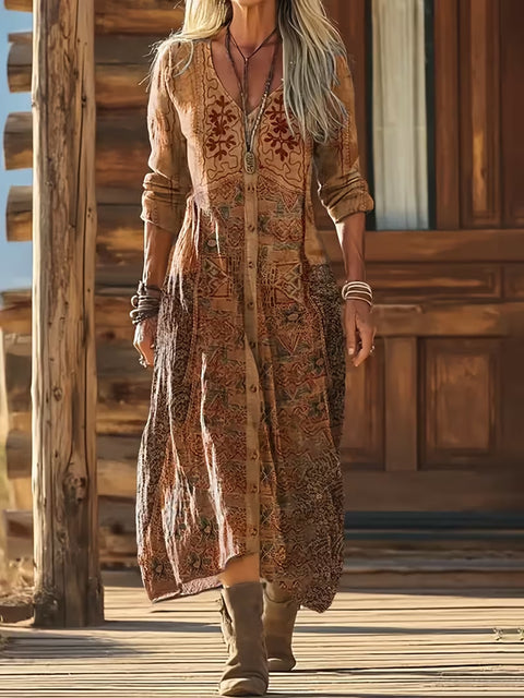 Creative tie-dye 3D printing women's new V-neck long-sleeved dress medium and long dress m302799