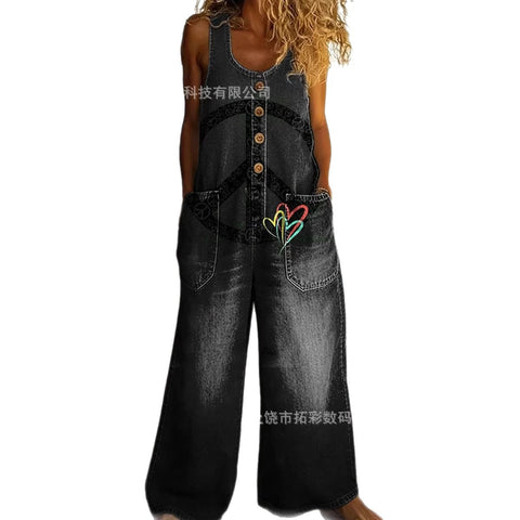 Retro trend wide-leg pants overalls women's sleeveless imitation denim m302436