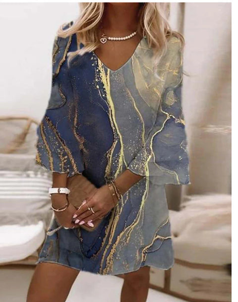 Fresh printed V-neck 3/4-sleeve mini women's dress m302854