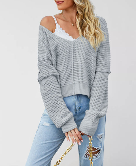 V-neck solid color off-the-shoulder loose hot-selling knitted sweater FF303369