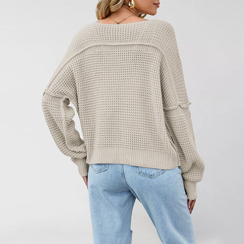 V-neck solid color off-the-shoulder loose hot-selling knitted sweater FF303369