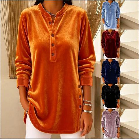 Women's Velvet Casual Loose V-Neck Button Long Sleeve Women's Shirt FF303380