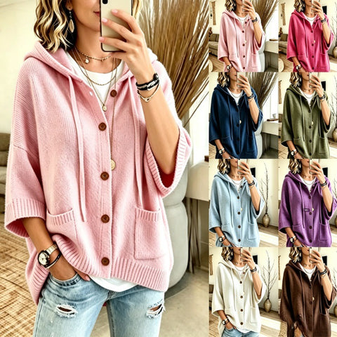 Multi-color hooded knitted cardigan loose seven-quarter sleeve sweater FF303358