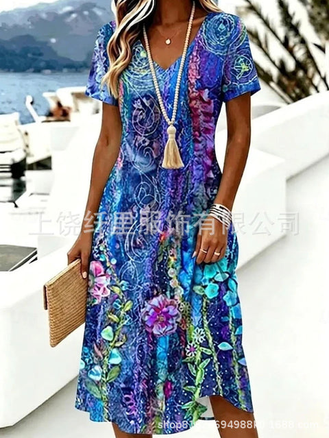 Printed women's v-neck short-sleeved temperament fashion dress m303046