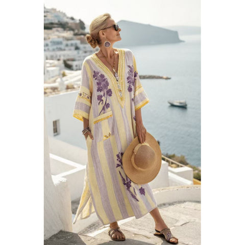 Holiday long striped embroidered dress m302762