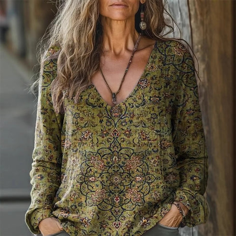 Casual V-Neck Long Sleeve Pullover Digital Printing Women's Upper T-Shirt FF303120