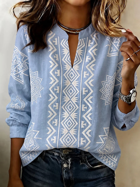 3D printed women's foreign style loose and thin small stand-up collar long-sleeved shirt FF303379