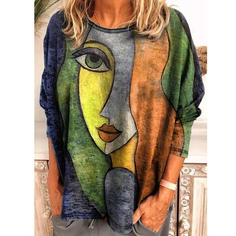 T-shirt ample à manches longues pour femme, imprimé visage, grande taille, m300665 