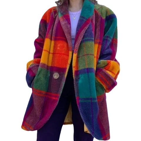 Langärmlige Revers-Farben-Matching-Jacke bedruckter Woll-Langmantel m300585 