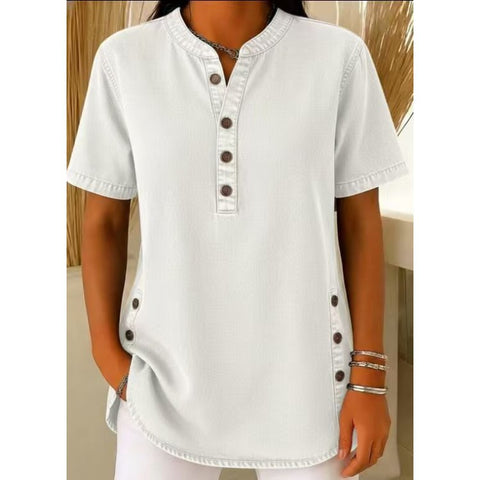 Crew Neck Button Daily Commuter Denim Casual Short Sleeve T-Shirt FF303259