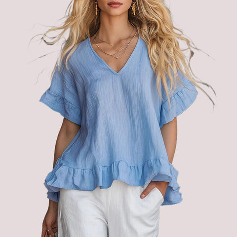 V-neck shirt with ruffle edge Fashion casual short-sleeved top FF303331