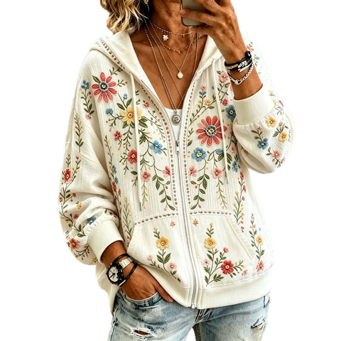 Sequin floral elements 3D digital printing loose casual hooded sweater m303215