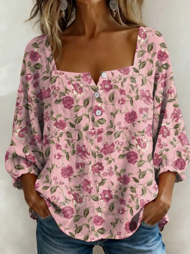 Floral print 3-button elegant wide neck top m302847
