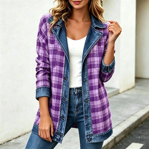Plaid splicing denim jacket autumn new lapel seven-quarter sleeve jacket women's FF303355