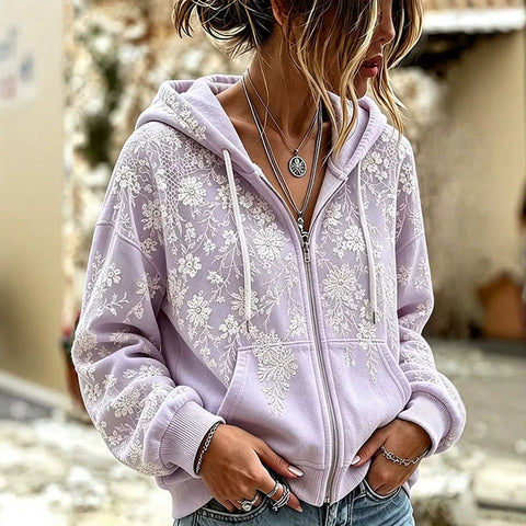 Sequin floral elements 3D digital printing loose casual hooded sweater m303215