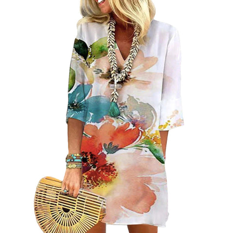 Kleid mit mittellangen Ärmeln und Taschen im Aquarell- und Blumenmuster, m300739 