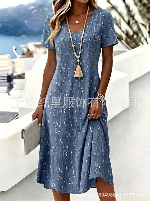 Printed women's v-neck short-sleeved temperament fashion dress m303046
