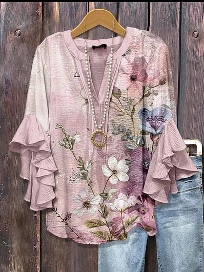 Digital printing casual trend V-neck lotus edge T-shirt women's m302725-1