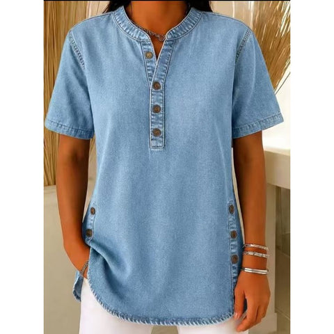 Crew Neck Button Daily Commuter Denim Casual Short Sleeve T-Shirt FF303259