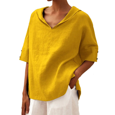 Einfarbiges, lockeres T-Shirt aus Baumwolle und Leinen für Damen mit Kapuze m301294 