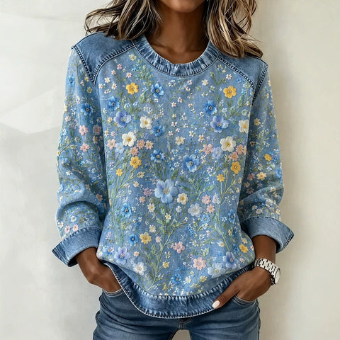 Floral Element Crew Neck Shoulder Splicing Sweater FF303479