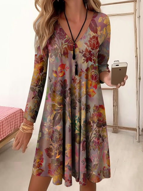 Herbst und Winter V-Ausschnitt hohe Taille Retro allmähliche Veränderung Farbdruck Neunviertelärmel lockeres Kleid m300742 