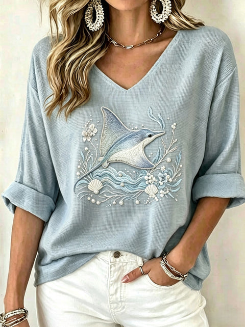 Shoulder V-neck long-sleeved pullover print women's T-shirt m303200