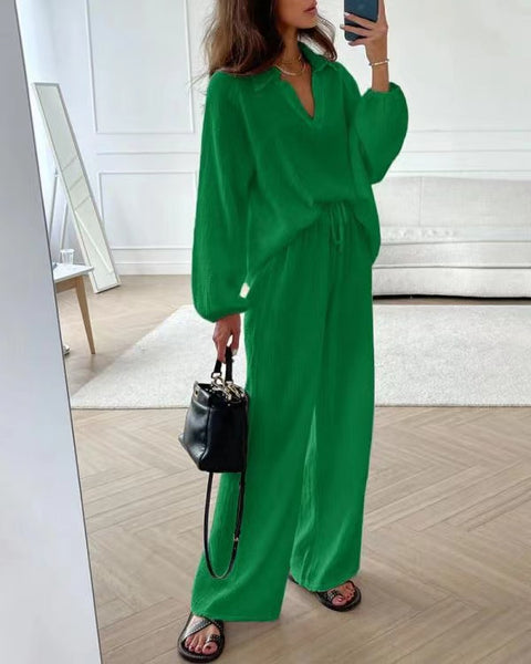 Elegante frauen casual lose anzug frauen lange-ärmeln top + kordelzug hosen anzug herbst revers zwei-stück set m301184 