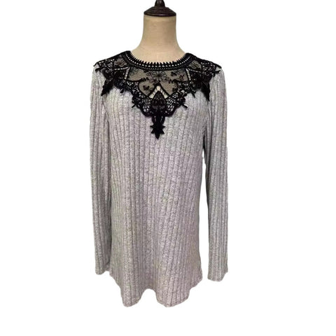 Comfort and Casual Hollow out See-through Lace Stitching Long-Sleeved Top M300173