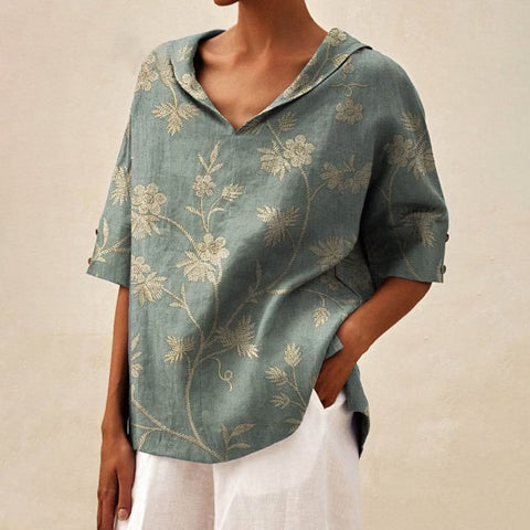 Einfarbiges, lockeres T-Shirt aus Baumwolle und Leinen für Damen mit Kapuze m301294 