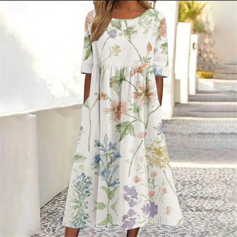 Damen Casual Rundhals Pullover Kurzarm 3D Druck Plissee Taille Swing Langes Kleid m301299 