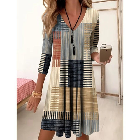 Herbst und Winter V-Ausschnitt hohe Taille Retro allmähliche Veränderung Farbdruck Neunviertelärmel lockeres Kleid m300742 