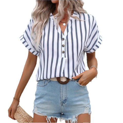 Women's casual style striped breasted V-neck loose short-sleeved shirt women's shirt m302408