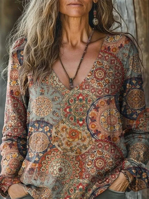 Casual V-Neck Long Sleeve Pullover Digital Printing Women's Upper T-Shirt FF303120