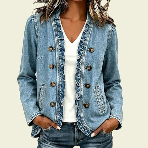 Washed denim jacket women's ruffle edge button-up denim jacket FF303256