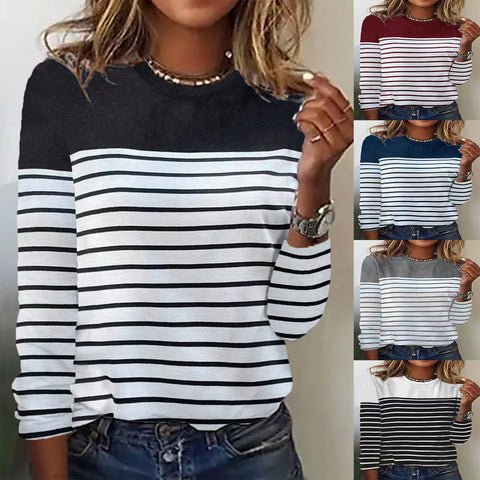 Langärmliges, gestreiftes, zweifarbig bedrucktes, gespleißtes T-Shirt mit Rundhalsausschnitt m300892 
