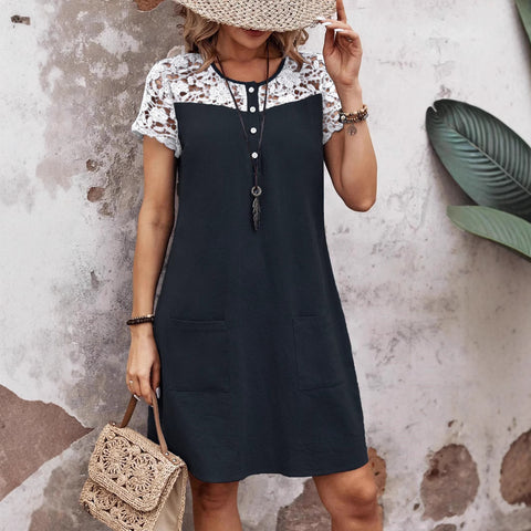 Frühling und Sommer neue Damenbekleidung lässig lose Kontrastfarbe Spitze Spleißen Tasche Kleid m301448 