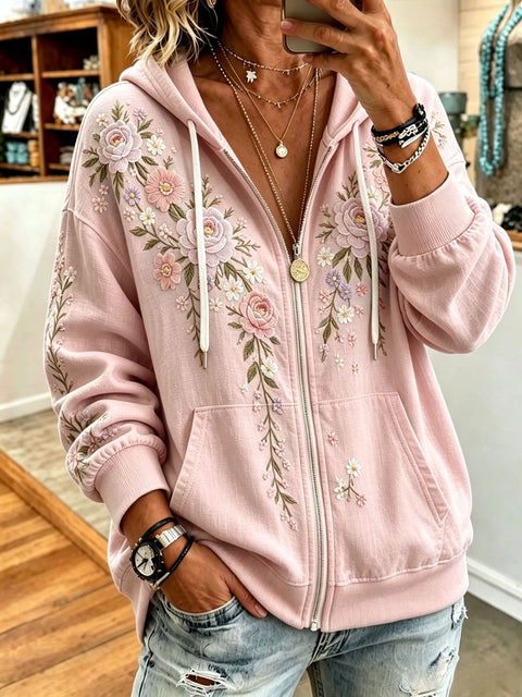 Sequin floral elements 3D digital printing loose casual hooded sweater m303215
