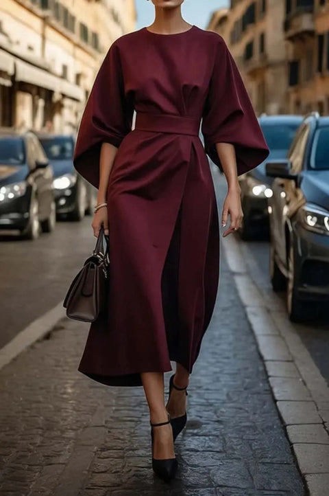 Mode Temperament elegante einfarbige Taille Kleid lässig Fledermaus Ärmel langes Kleid m301326 