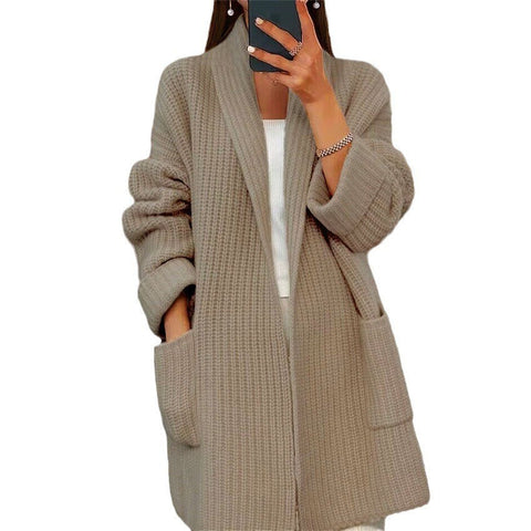 Herbst und Winter neue Damen verdickte einfarbige Strickjacke mit V-Ausschnitt und lockerer Tasche, Pulloverjacke m300471 