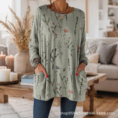3D printed women's new medium and long pocket round neck pullover fashion T-shirt m303192