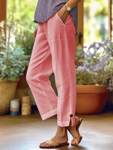 Lose, einfarbige, elastische Taillentasche aus Baumwolle und Leinen für Damen, gerade Freizeithose m301424 